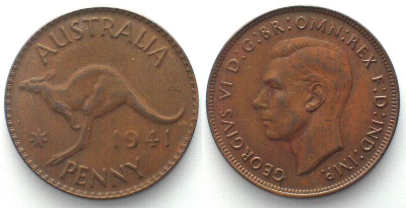 AUSTRALIA. Penny 1941 (m), George VI, bronze, UNC-! KM# 36.