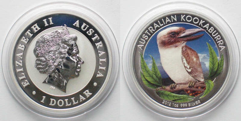 AUSTRALIAN KOOKABURRA. 1 Dollar 2012, WMF, silver, 1 oz, COLORED, RARE! World Mo...