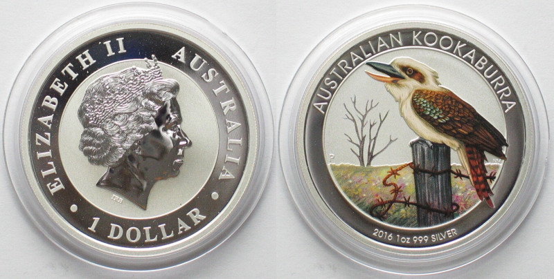 AUSTRALIAN KOOKABURRA. 1 Dollar 2016, WMF, silver, 1 oz, COLORED. World Money Fa...