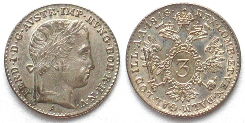 AUSTRIA. 3 Kreuzer 1848 A, FERDINAND I, silver, UNC/UNC-!!! KM# 2191.