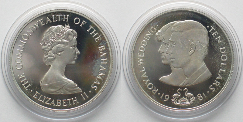 BAHAMAS 10 Dollars 1981 WEDDING of CHARLES & DIANA silver Proof! , KM# 85. Weigh...