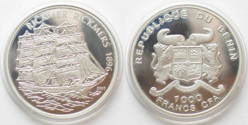 BENIN. 1000 Francs CFA 2007, Ship RICKMER RICKMERS, silver, Proof