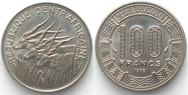 REPUBLIQUE CENTRAFRICAINE. 100 Francs 1976, nickel, UNC! KM# 7.