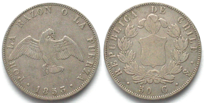 CHILE. 50 Centavos 1853, silver, VF+. KM# 128. Usual weak strike.