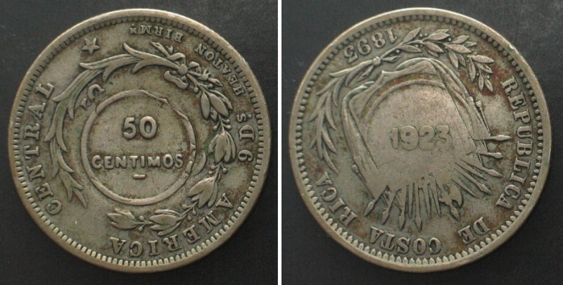 COSTA RICA. 50 Centimos 1923, Type VIII counterstamp on 25 Centavos 1893 Heaton ...