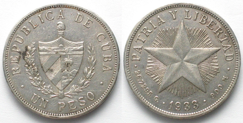 CUBA Peso 1933 silver XF! KM# 15.2.