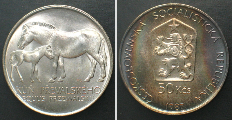 CZECHOSLOVAKIA. 50 Korun 1987,Przewalski's horses, silver, BU. KM# 127.