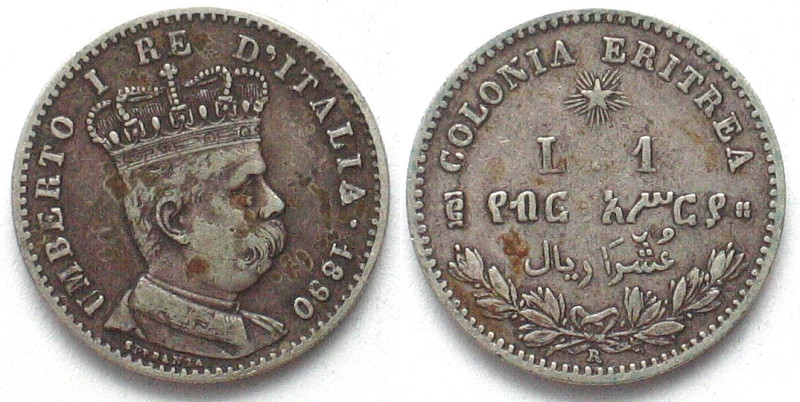 ERITREA. 1 Lira 1890 R, UMBERTO I, silver, key date! VF+, KM# 2.