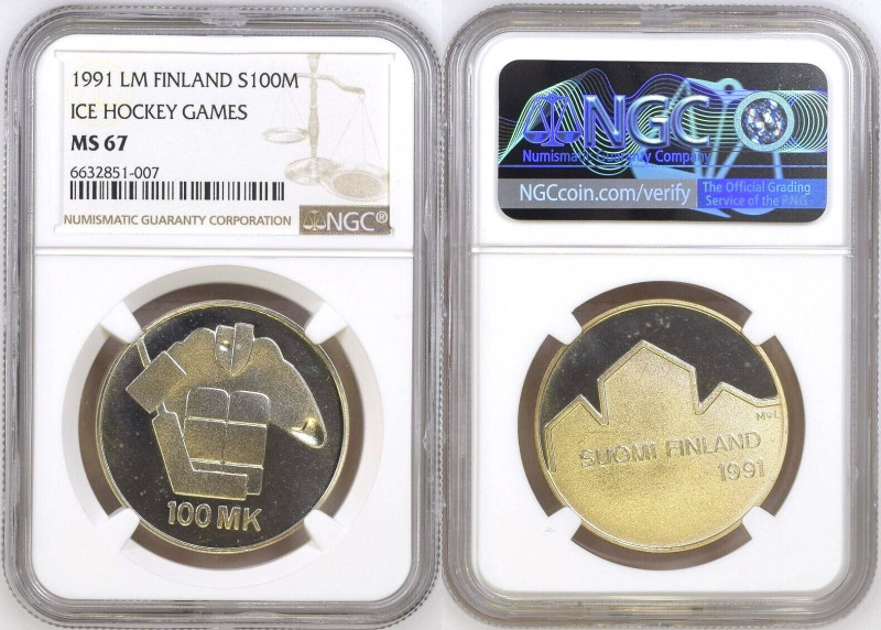 FINNLAND 100 Markkaa 1991 ICE HOCKEY WORLD CHAMPIONSHIP NGC MS 67. KM# 69.