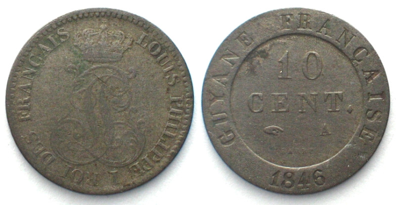 FRENCH GUIANA. 10 Centimes 1846 A, Louis-Philippe I, billon, VF. Lecompte 32, KM...