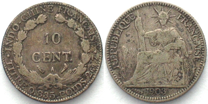 FRENCH INDO-CHINA. 10 Cents 1903, silver, VF. KM# 9, Lecompte 146.