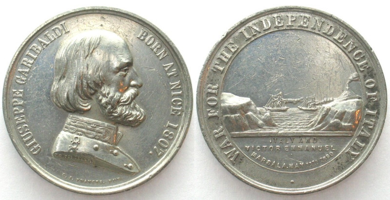 GIUSEPPE GARIBALDI - LANDING IN MARSALA 1860. Medal by Pinches, white metal, 41m...