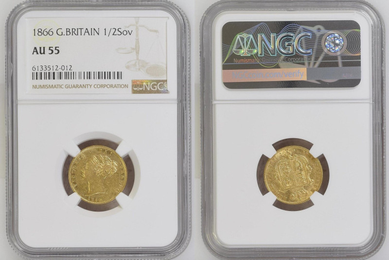 GREAT BRITAIN. 1/2 Sovereign 1866, VICTORIA, gold NGC AU 55, KM # 735.2