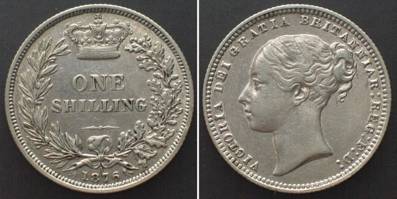 GREAT BRITAIN. Shilling 1876, die number 3, VICTORIA, silver, AU! KM# 734.2