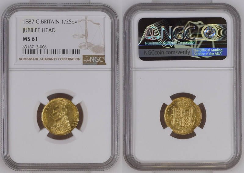 GREAT BRITAIN. 1/2 Sovereign 1887, VICTORIA, gold NGC MS 61, KM # 766