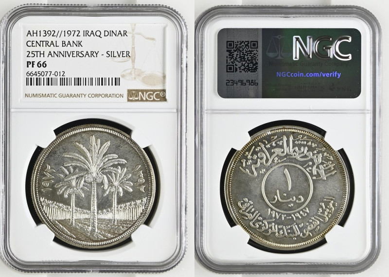 IRAQ. Dinar 1972, 25th Anniversary of the Central Bank, silver, Proof, RARE! KM#...