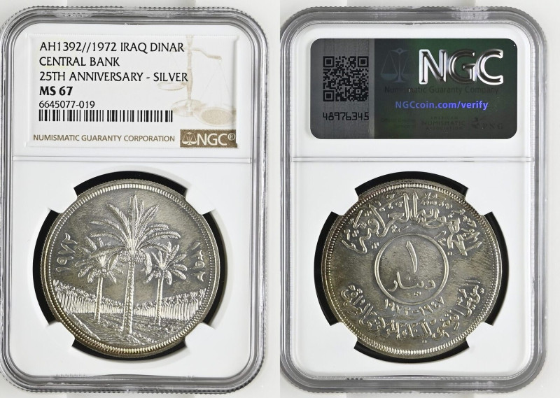 IRAQ. Dinar 1972, 25th Anniversary of the Central Bank, silver, NGC MS 67