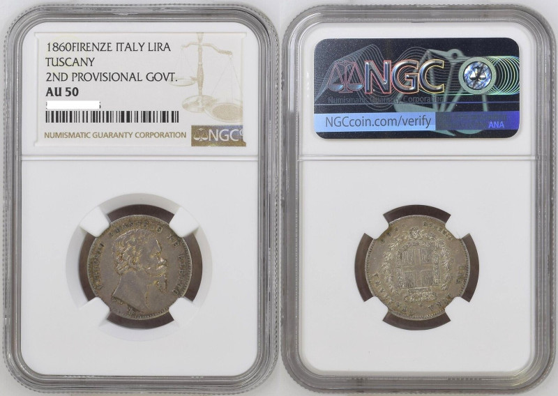 EMILIA 1 Lira 1860 Firenze, VITTORIO EMANUELE II, silver, NGC AU 50, KM # 9