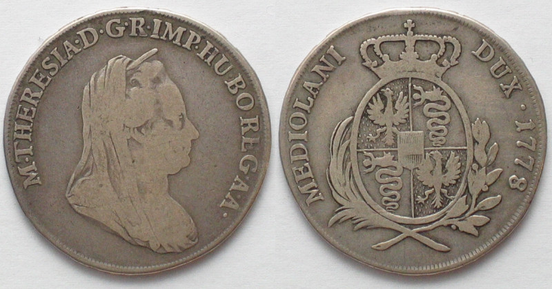 MILAN. 1/2 Scudo 1778, MARIA THERESIA OF AUSTRIA, silver, VF/VF-, KM 190. 3 Lire...