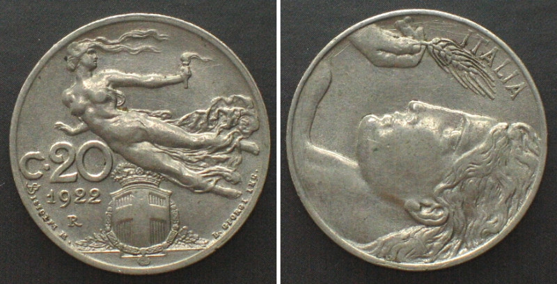 ITALY. 20 Centesimi 1922, nickel, DIE ROTATION about 90°, AU. KM# 44.