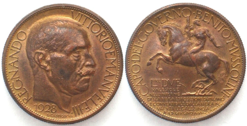 EXPO MILAN 2 Lire 1928 VITTORIO EMANUELE III copper UNC!!! / ESPOSIZIONE DI MILA...