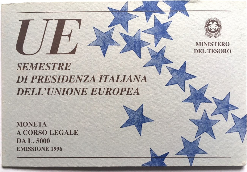 ITALY 5000 Lire 1996 EU PRESIDENCY silver BU in Folder. KM# 178.