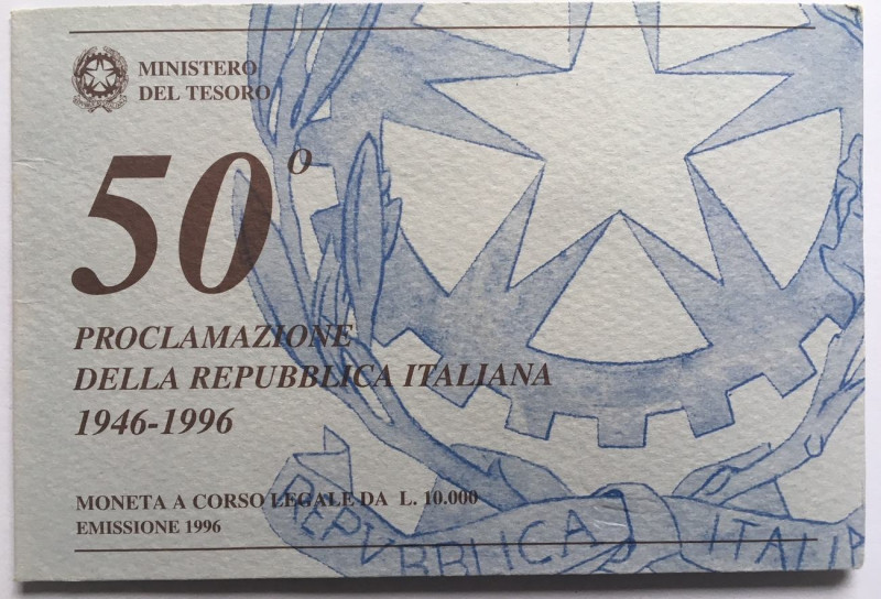 ITALY 10000 Lire 1996 50TH ANN. OF THE REPUBLIC silver BU in Folder. KM# 179.