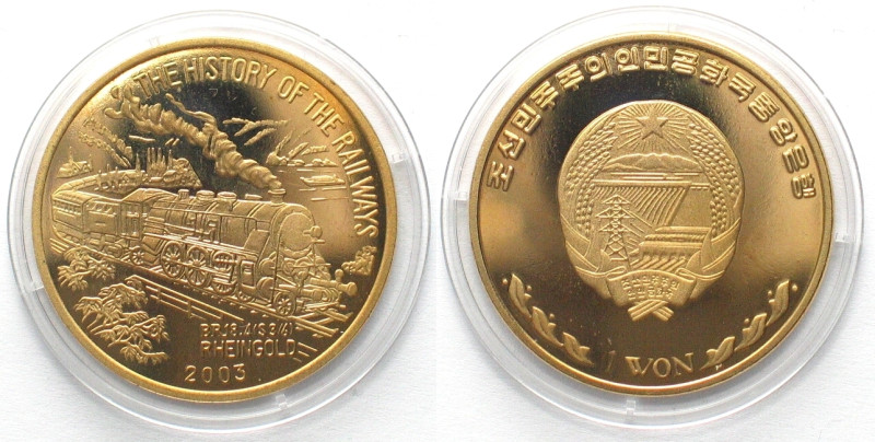 NORTH KOREA 1 Won 2003 HISTORY OF RAILWAYS Locomotive RHEINGOLD brass Proof. KM#...