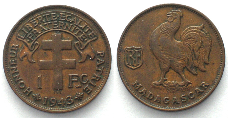 MADAGASCAR. 1 Franc 1943, bronze, AU! KM# 2, Lecompte 94.