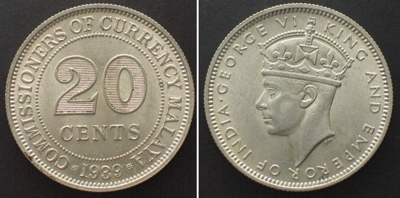 MALAYA 20 Cents 1939 GEORGE VI silver BU! KM# 5.