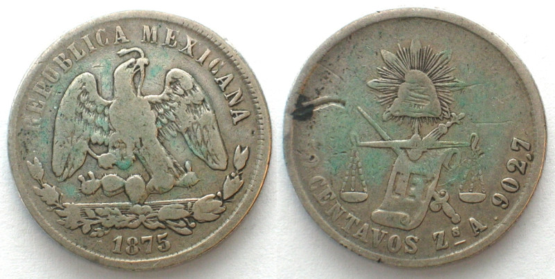 MEXICO. 50 Centavos 1875 A Zs, Zacatecas mint, VF. KM # 407.8