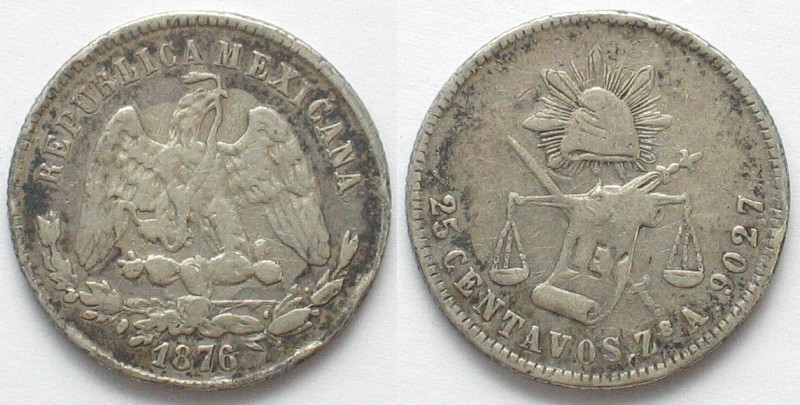 MEXICO. 25 Centavos 1876 Zs A, Zacatecas mint, silver, VF, KM # 406.9