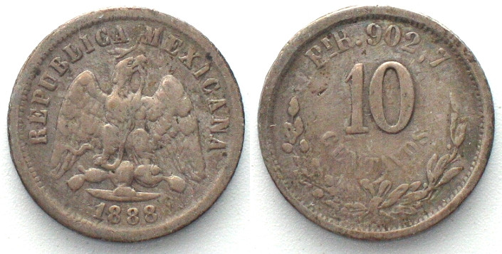 MEXICO. 10 Centavos 1888 Pi R, San Luis Potosi, silver, VF+. KM# 403.9.