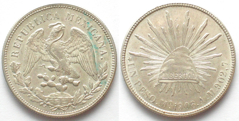 MEXICO. Peso 1908 AM Mo, MEXICO CITY, silver, UNC-! KM # 409.2. Tiny hairlines