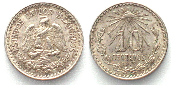 MEXICO. 10 Centavos 1919 M, silver, AU! KM# 429.