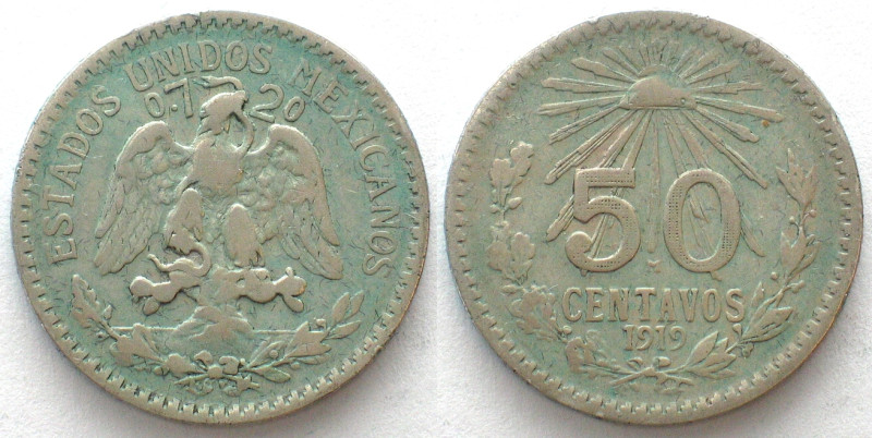 MEXICO. 50 Centavos 1919, silver, VF. KM # 447. Weight: 8.3g