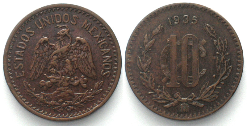 MEXICO. 10 Centavos 1935, bronze, XF! KM# 430. Tiny edge nicks.