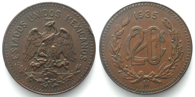 MEXICO. 20 Centavos 1935, bronze, UNC! KM# 437. Edge nick.