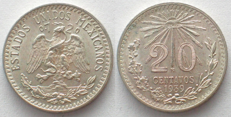 MEXICO. 20 Centavos 1939, silver, UNC. KM # 438.