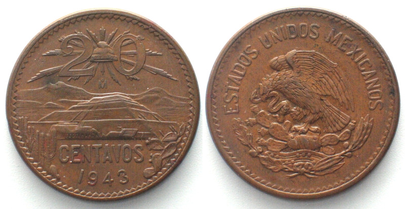 MEXICO. 20 Centavos 1943, bronze, UNC! KM# 439. Tiny flan error on edge.