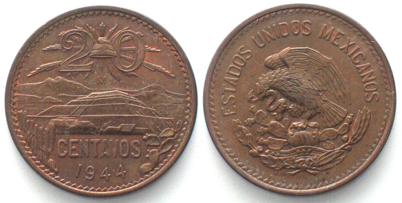 MEXICO. 20 Centavos 1944, bronze, UNC! KM# 439.