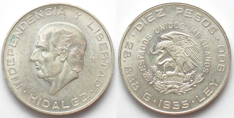 MEXICO. 10 Pesos 1955, HIDALGO, silver, UNC-. KM # 474.