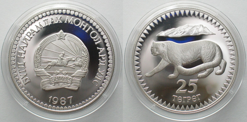 MONGOLIA. 25 Tugrik 1987, Snow leopard, WWF, silver, Proof. KM# 50.