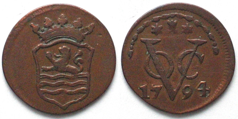 NETHERLANDS EAST INDIES - ZEELAND Duit 1794 VOC copper aXF! KM# 159.