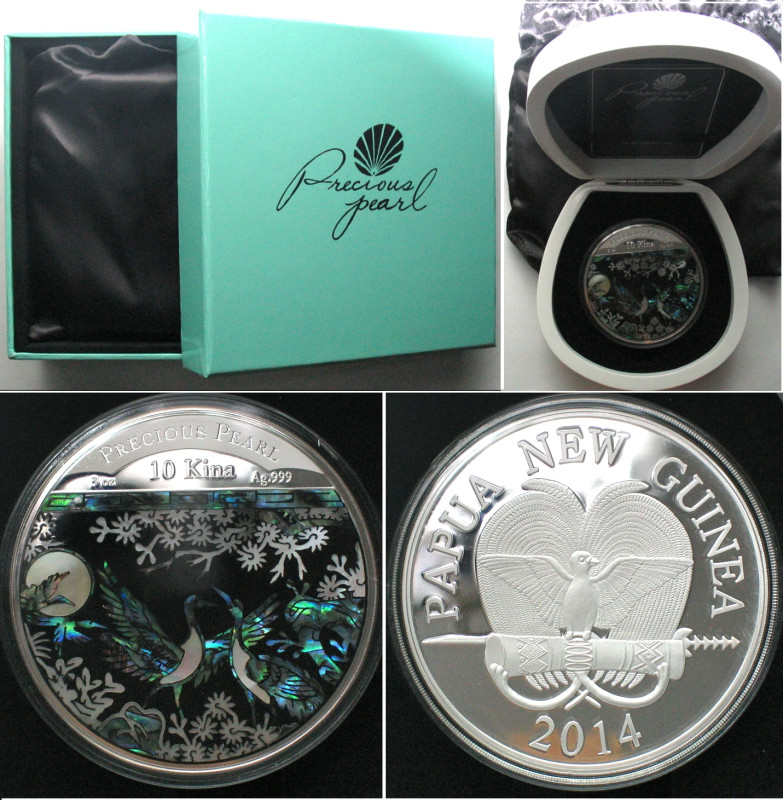 PAPUA NEW GUINEA. 10 Kina 2014, Cranes, PRECIOUS PEARL, silver 3 oz, RARE! Proof...