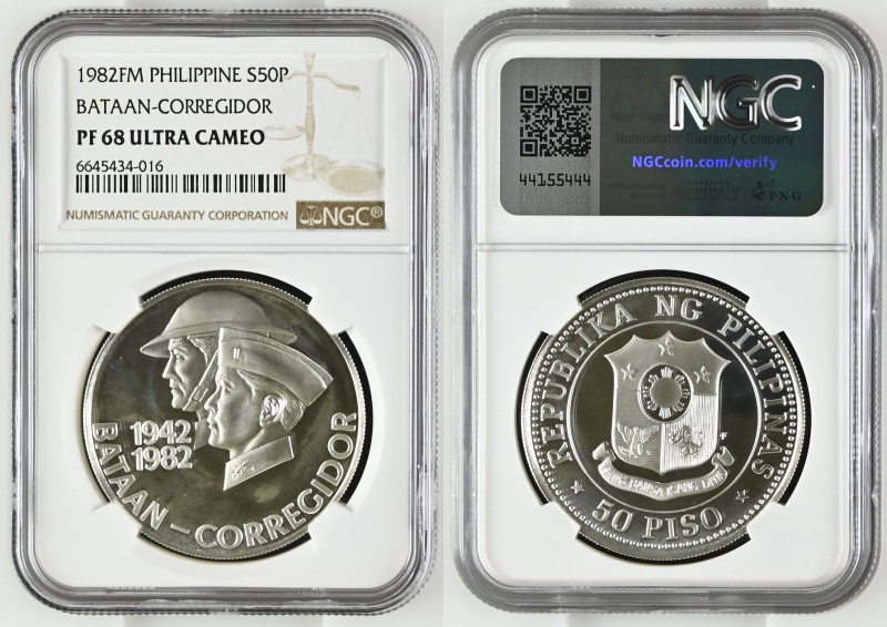 PHILIPPINES 50 Piso 1982, 40th Anniversary of Bataan-Corregidor, silver NGC PF 6...