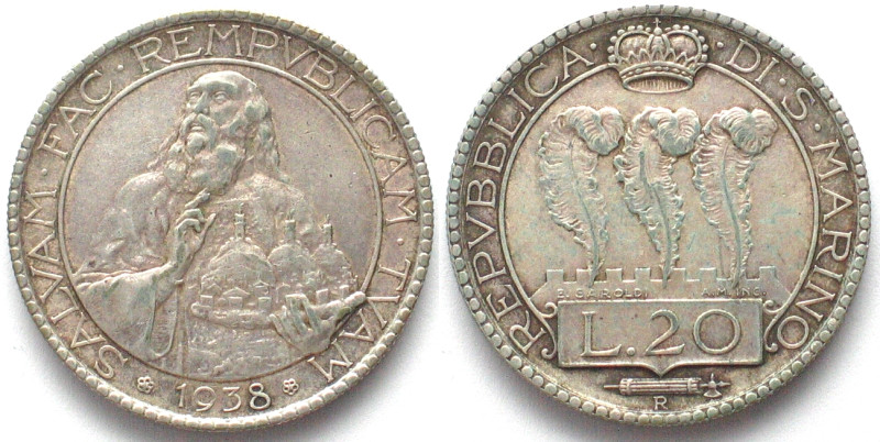 SAN MARINO. 20 Lire 1938, silver, key date! AU. KM# 11a