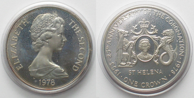 ST. HELENA Crown 1978 25th ANN. OF CORONATION silver Proof. Original encapsulati...