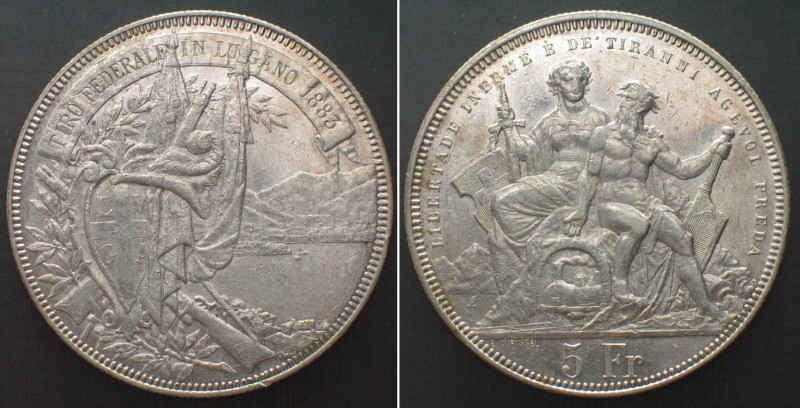 LUGANO 5 Francs 1883, silver, AU. HMZ 2-1343n.