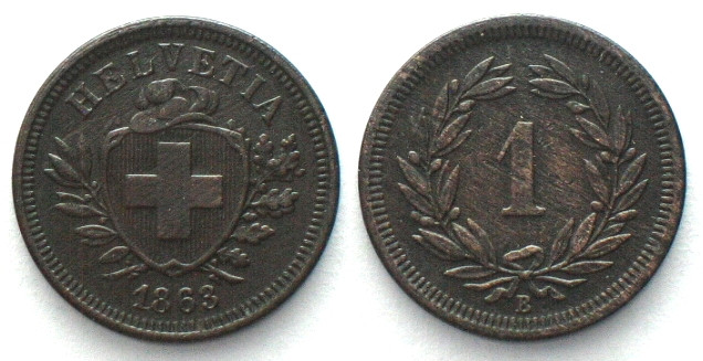 EIDGENOSSENSCHAFT. 1 Rappen 1863, Bronze, SEHR SELTENER JAHRGANG! vz+. HMZ 2-121...